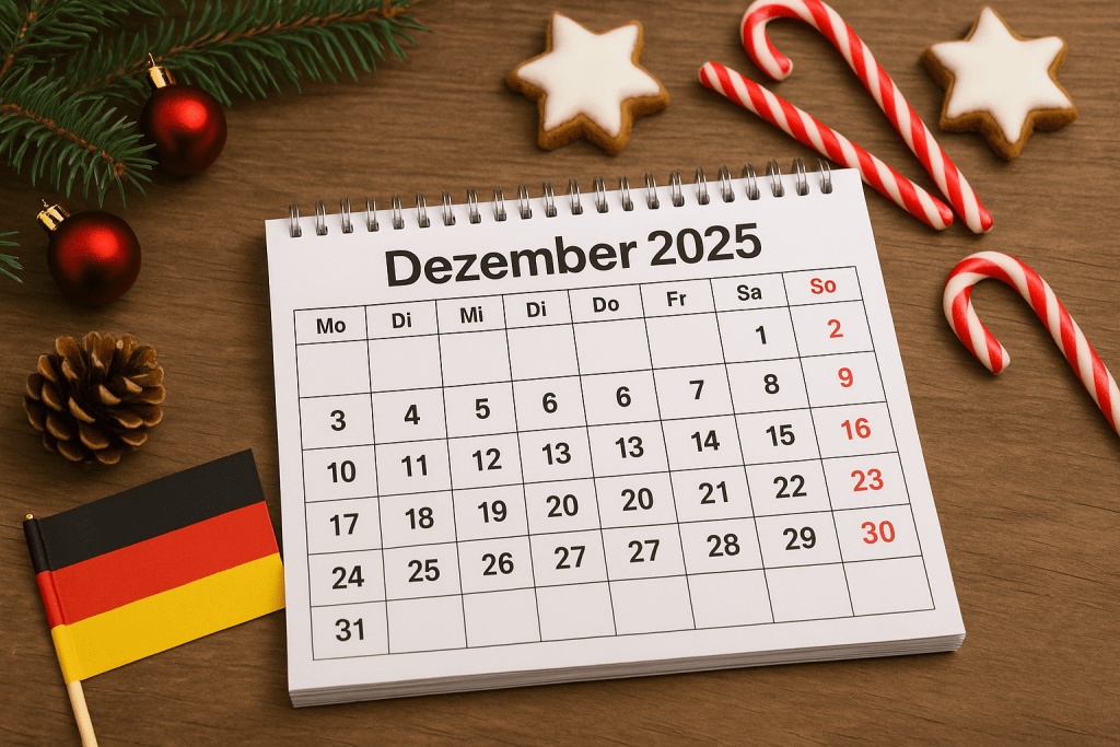 Vollständiger Kalender der staatlichen Feiertage, freien Tage und Ereignisse im Dezember 2025 in Deutschland. Tägliche Übersicht mit praktischen Empfehlungen