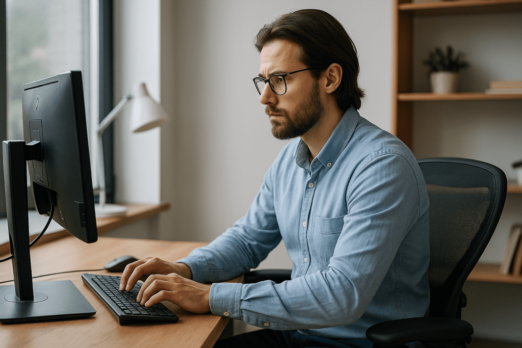 Langes Sitzen am Computer verschlechtert Haltung und Gedächtnis. Praktische Empfehlungen, wie man Körper und Konzentration im Büroalltag schützt