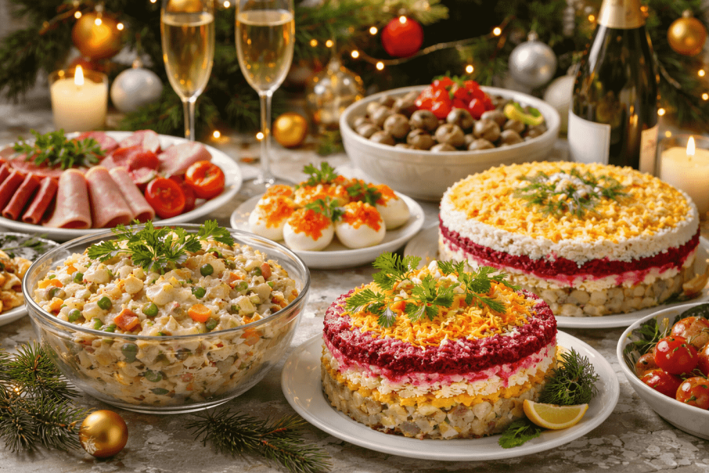 Wie lange man Neujahrsgerichte lagern kann: Olivier, Hering im Pelz, Mimosa, Fleisch und Desserts. Klare Fristen, Tabelle und praktische Tipps.