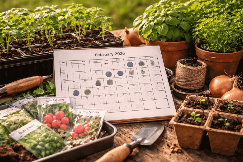 Mond-Saatkalender Februar 2026 für Deutschland: günstige Termine, Tabellen, Praxis-Tipps zur Aussaat von Gemüse, Kräutern und Wurzelgemüse.