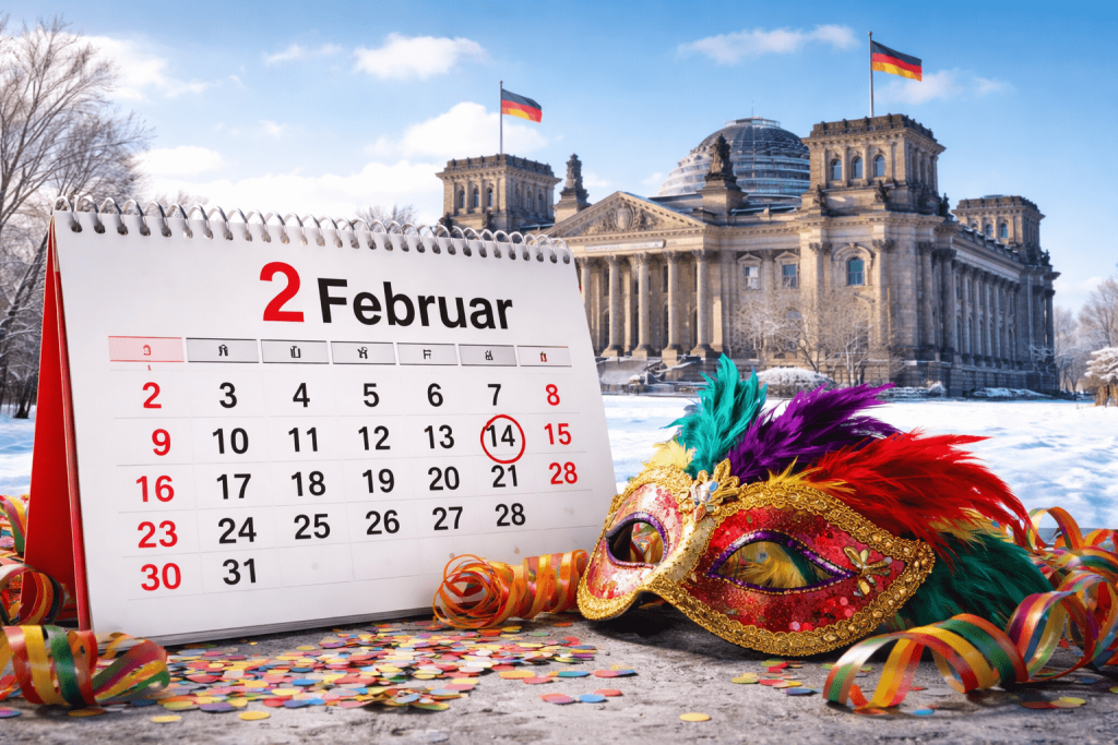 Feiertags- und Ereigniskalender für Deutschland im Februar 2026: alle Tage, Wochenenden, Karneval und Planungstipps.