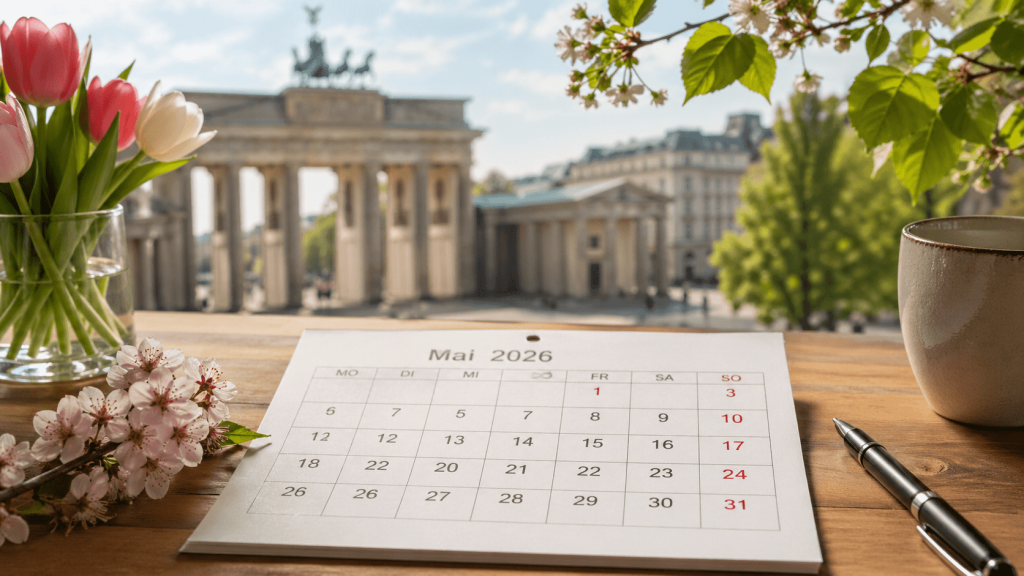 Feiertage und Ereignisse in Deutschland im Mai 2026: gesetzliche Feiertage, religiöse, berufliche und internationale Termine im Tageskalender.