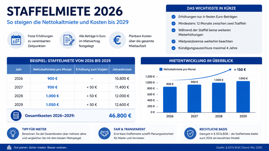 Staffelmiete berechnen: Kosten, Fristen und typische Fehler 2026