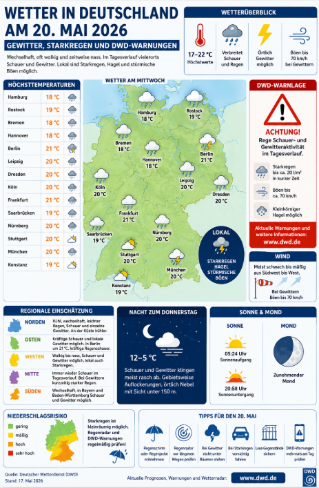 Wetter in Deutschland am 20. Mai 2026: Gewitter, Starkregen und DWD-Warnungen