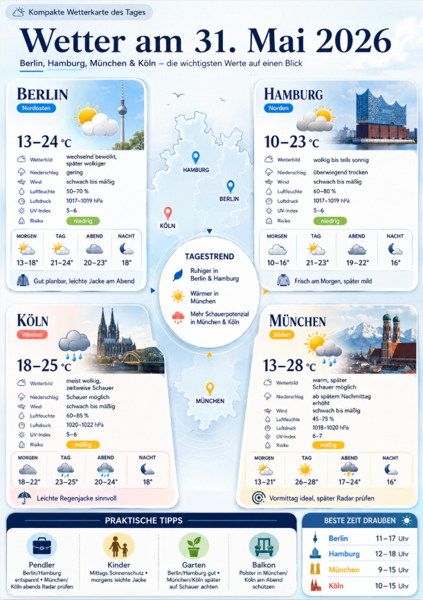 Wetter am 31. Mai 2026: Berlin, Hamburg, München und Köln im Tagescheck