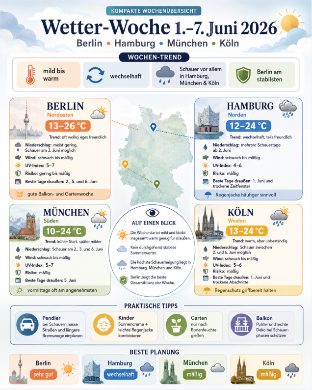 Wetter vom 1. bis 7. Juni: Berlin, Hamburg, München und Köln als Wochenkarte