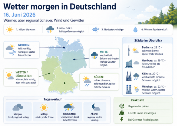 Wetter morgen am 16. Juni 2026 in Deutschland: Wo es warm wird und wo Gewitter drohen