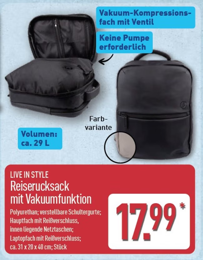 Aldi Nord verkauft Reiserucksack mit Kompressionsfach für 17,99 Euro