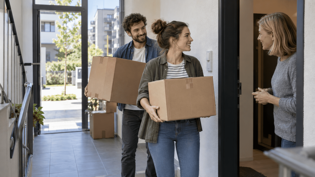 Чекліст переїзду та зміни адреси Realistic top-down editorial scene about moving in Germany: moving checklist on a desk, house keys, cardboard box, pen, smartphone, envelope representing mail forwarding, address change documents and packing tape, organized household relocation concept, modern minimal German lifestyle aesthetic, natural light, photorealistic, no readable text, no brand logos, no people, horizontal composition, 16:9